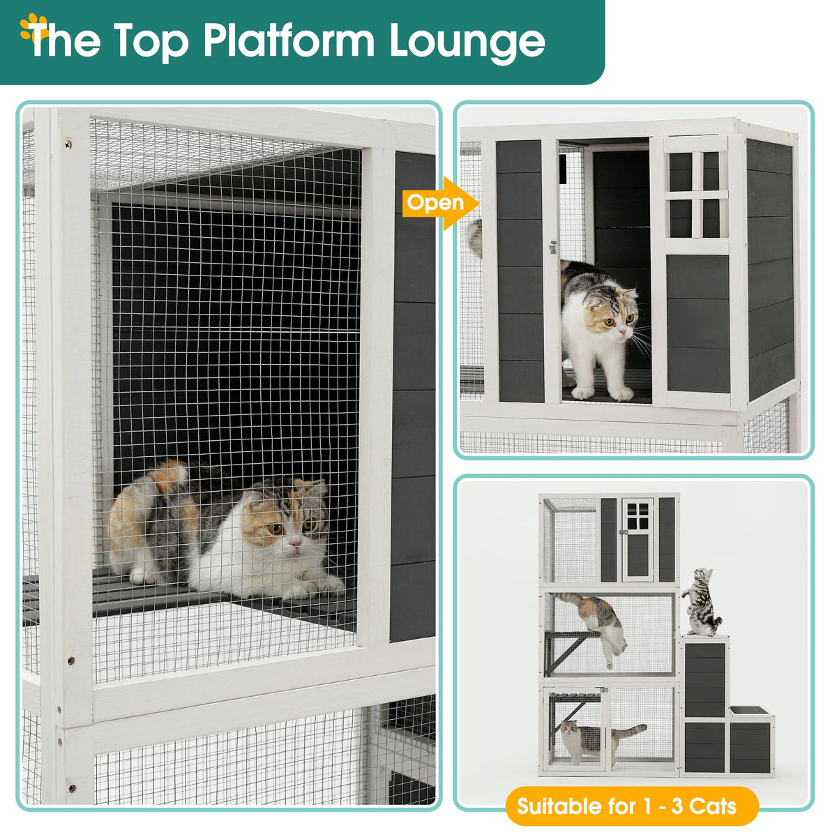 3 Tier Wooden Cat House with Platforms and Jump Box - Gray