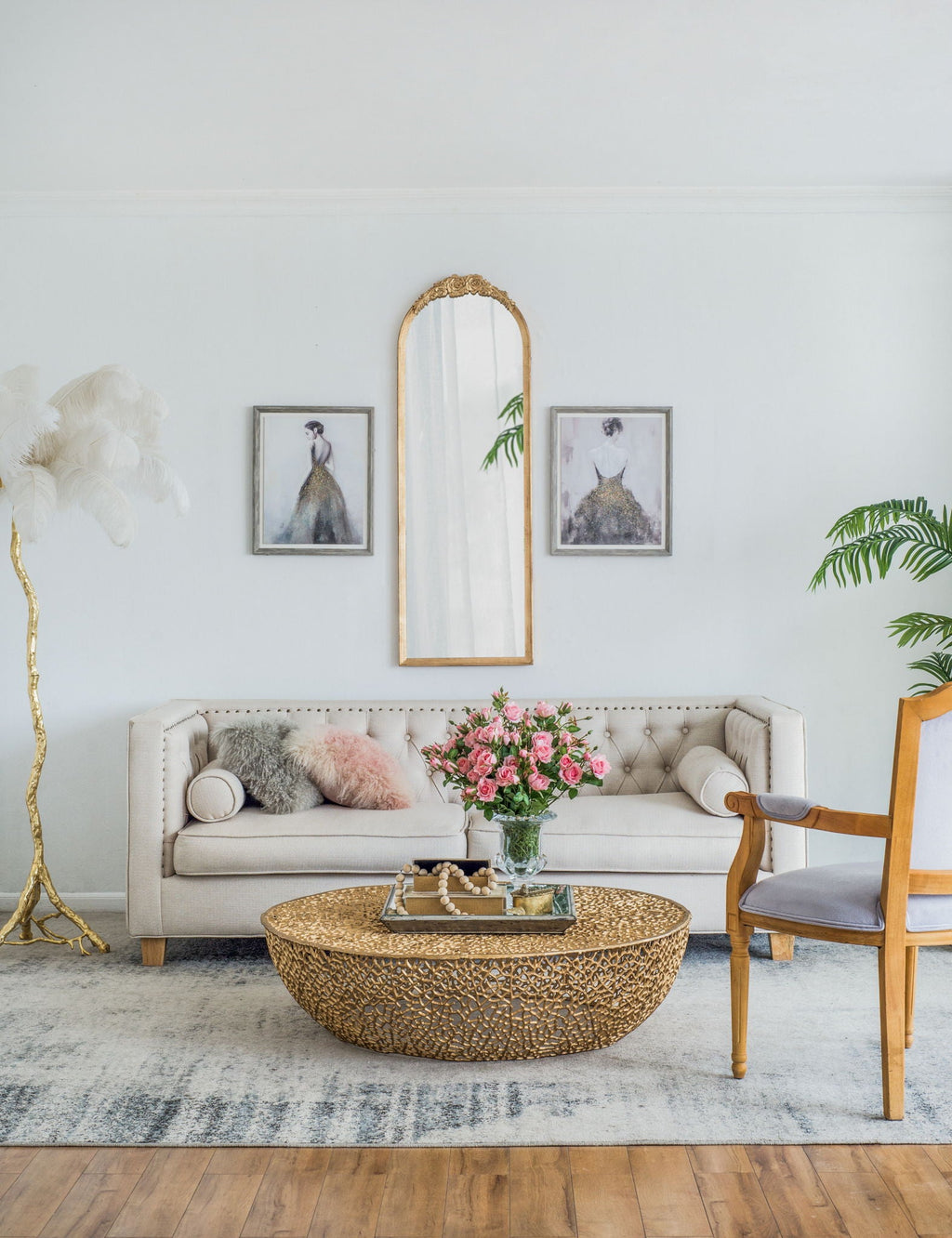 Gold Arched Floor Mirror with Wood Frame - Full Body