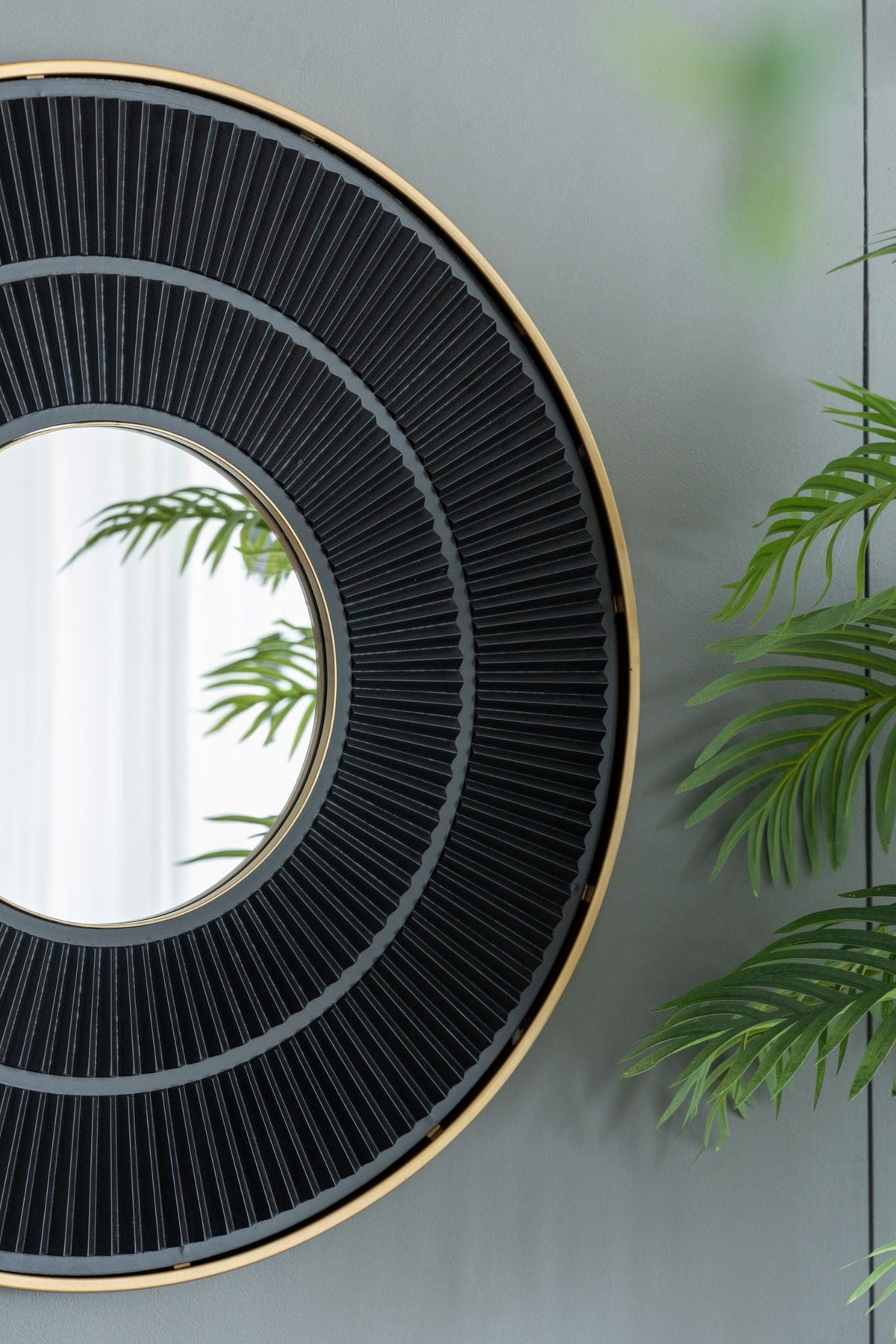 Round Wooden Wall Mirror with Iron Frame - Neutral Colorway