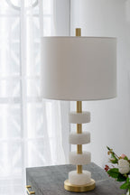 Marble Table Lamp with Brass Frame and White Fabric Shade - White + Gold