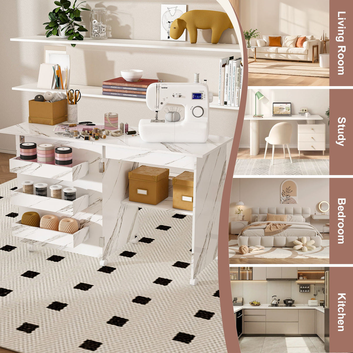 White Folding Sewing Table with Lockable Wheels - 4-in-1 Multi Functional Craft Station