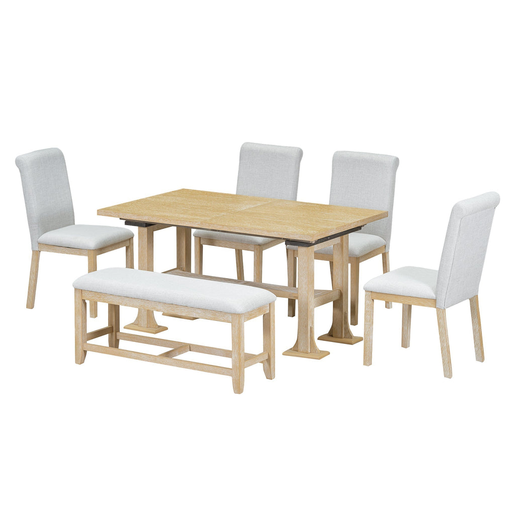 Natural Solid Wood Extendable Dining Set with Bench Seating - 6 Piece