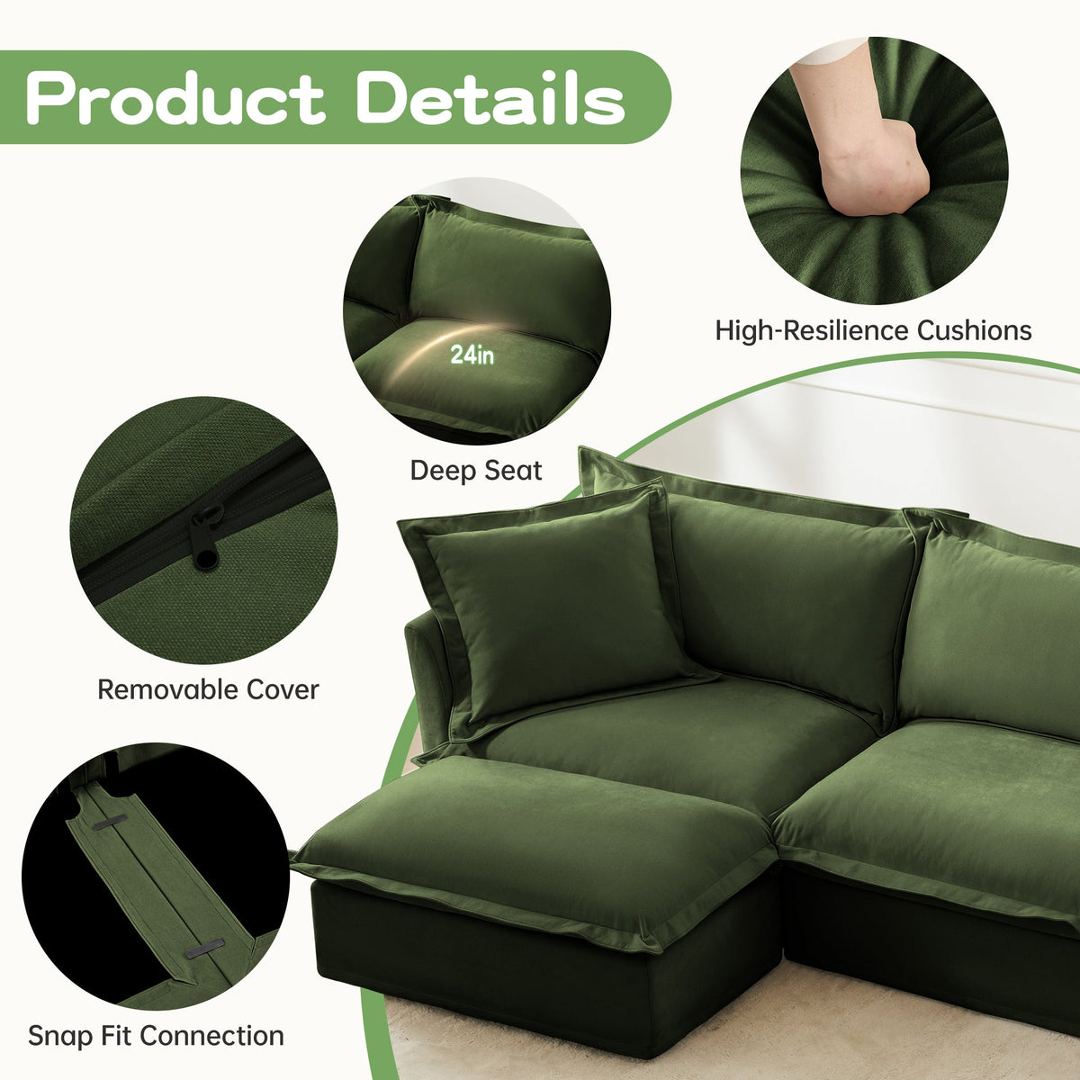 Slipcovered U Shape Sectional Deep Seat Sofa