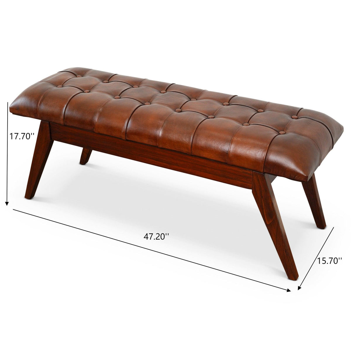 Cognac Genuine Leather Upholstered Bench with Solid Wood Frame - Dark Brown