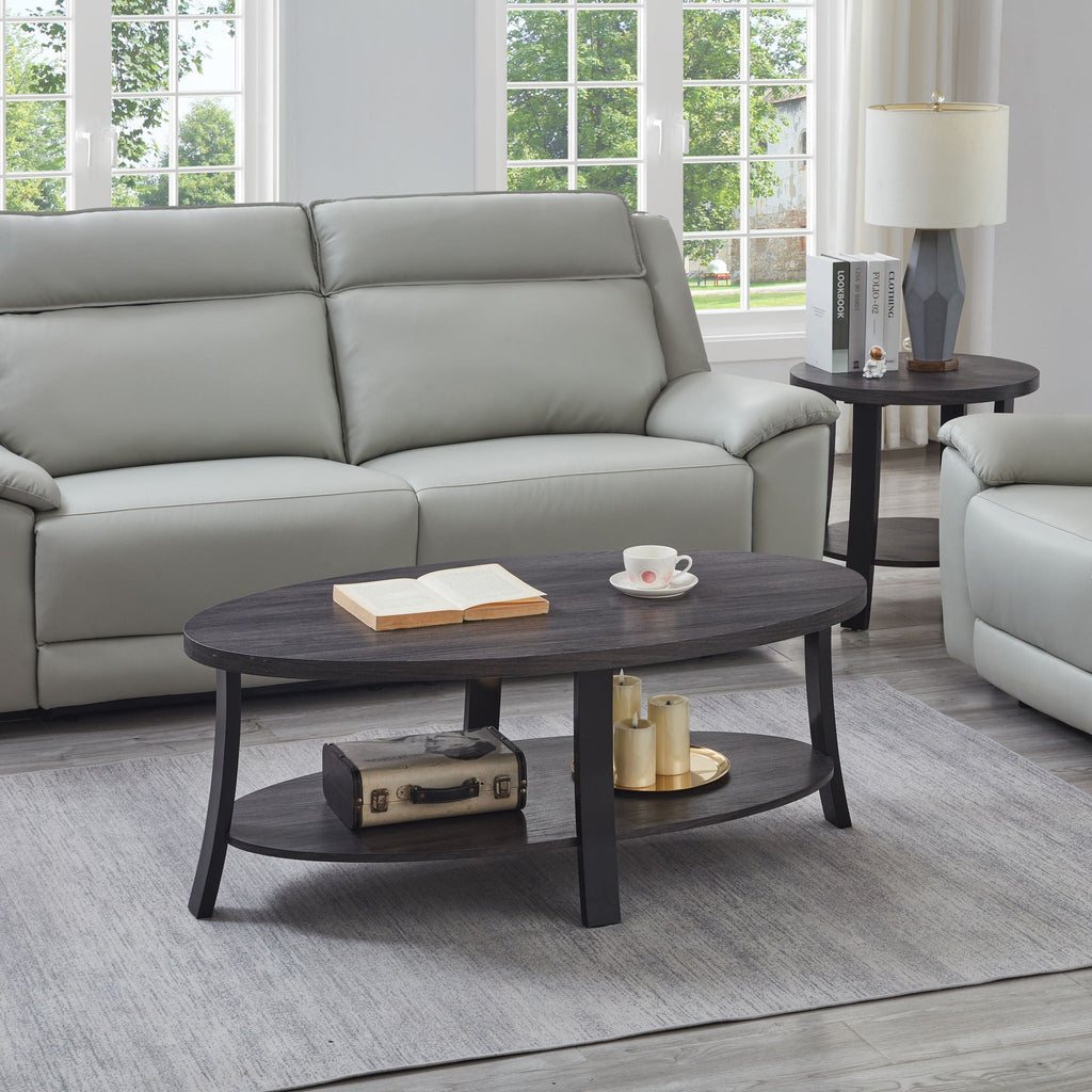 Contemporary 3 Piece Coffee Table Set with Oval Wood Shelf - Charcoal