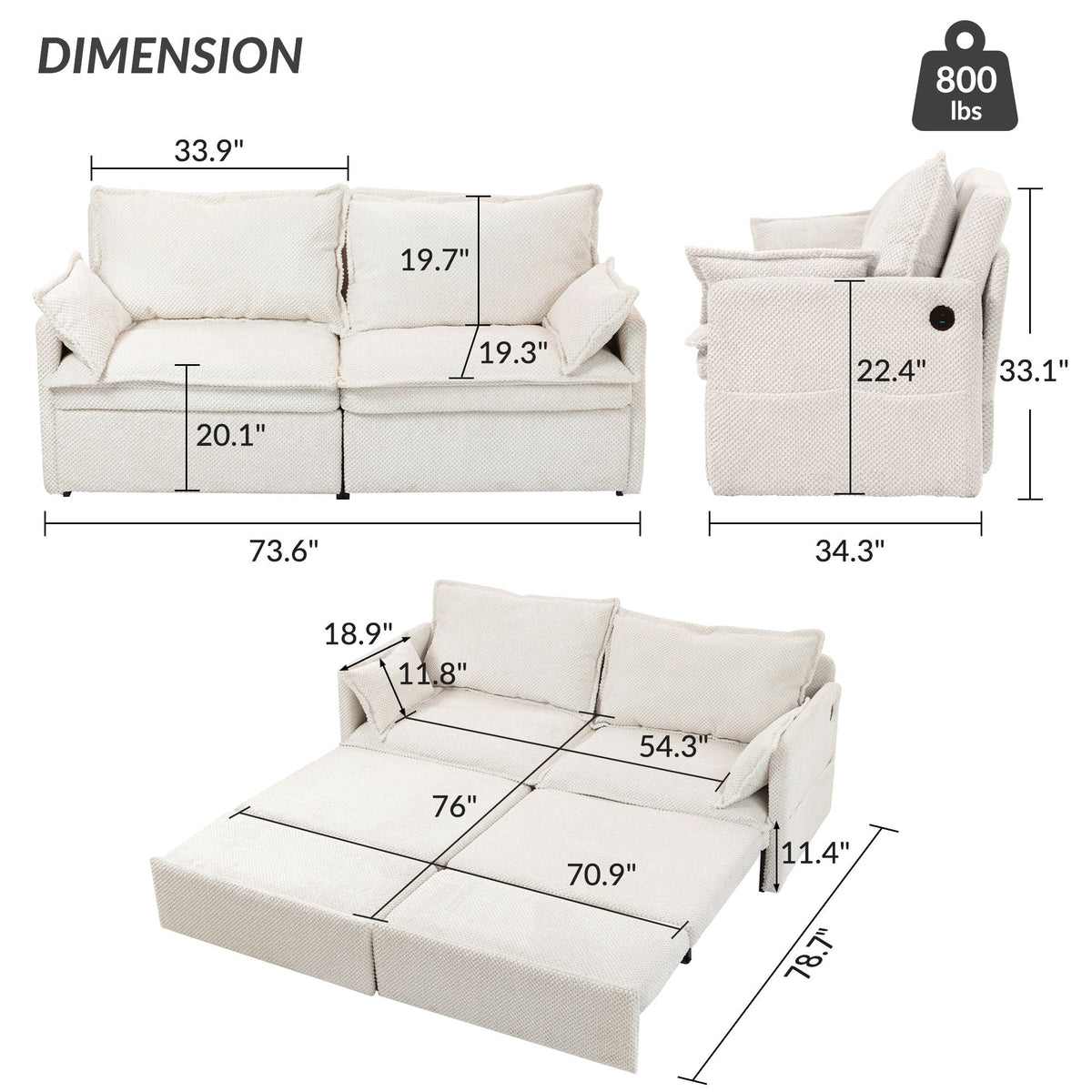 Convertible Sleeper Sofa Bed with Storage and USB/C Charging - Fabric