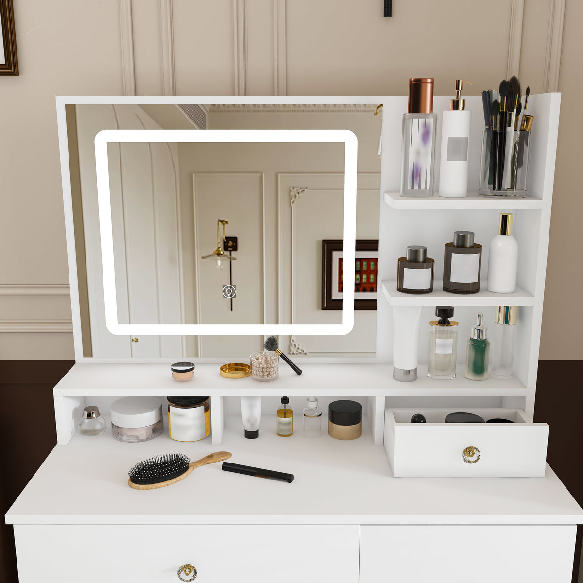 Fashion Vanity Desk with Mirror & Dimmable LED Lights - White MDF