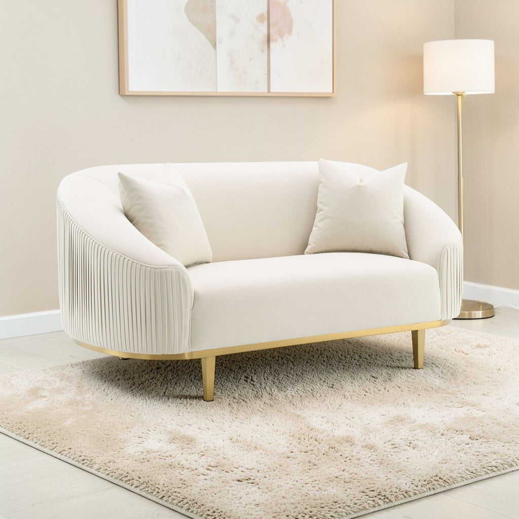 Ivory Loveseat with 2 Pillows and Metal Legs - Velvet Upholstery