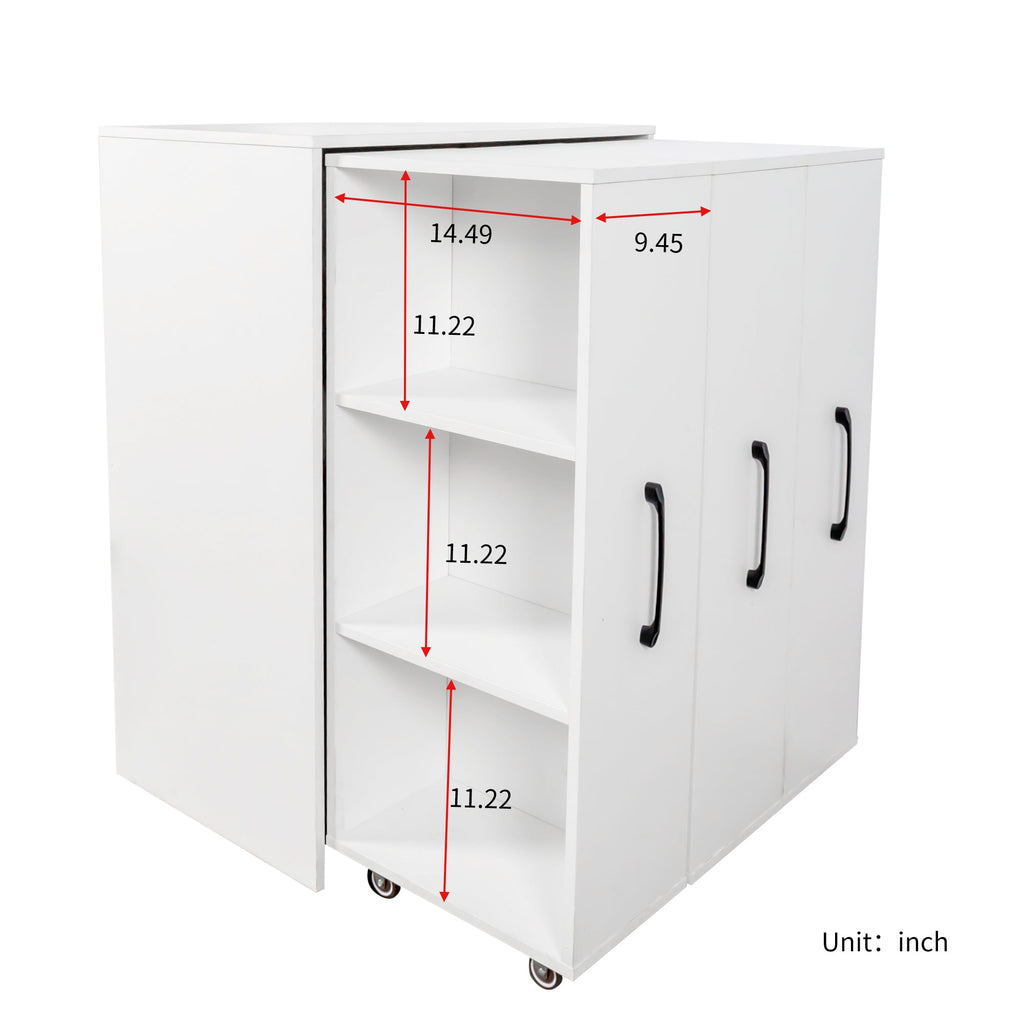 3 Tier Bookcase with Slide Out Doors and Wheels - White
