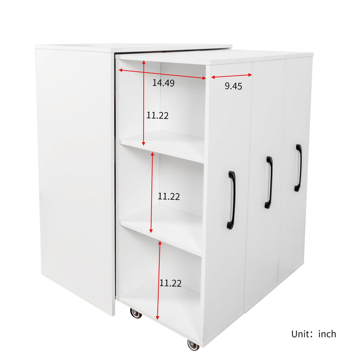 3 Tier Bookcase with Slide Out Doors and Wheels - White