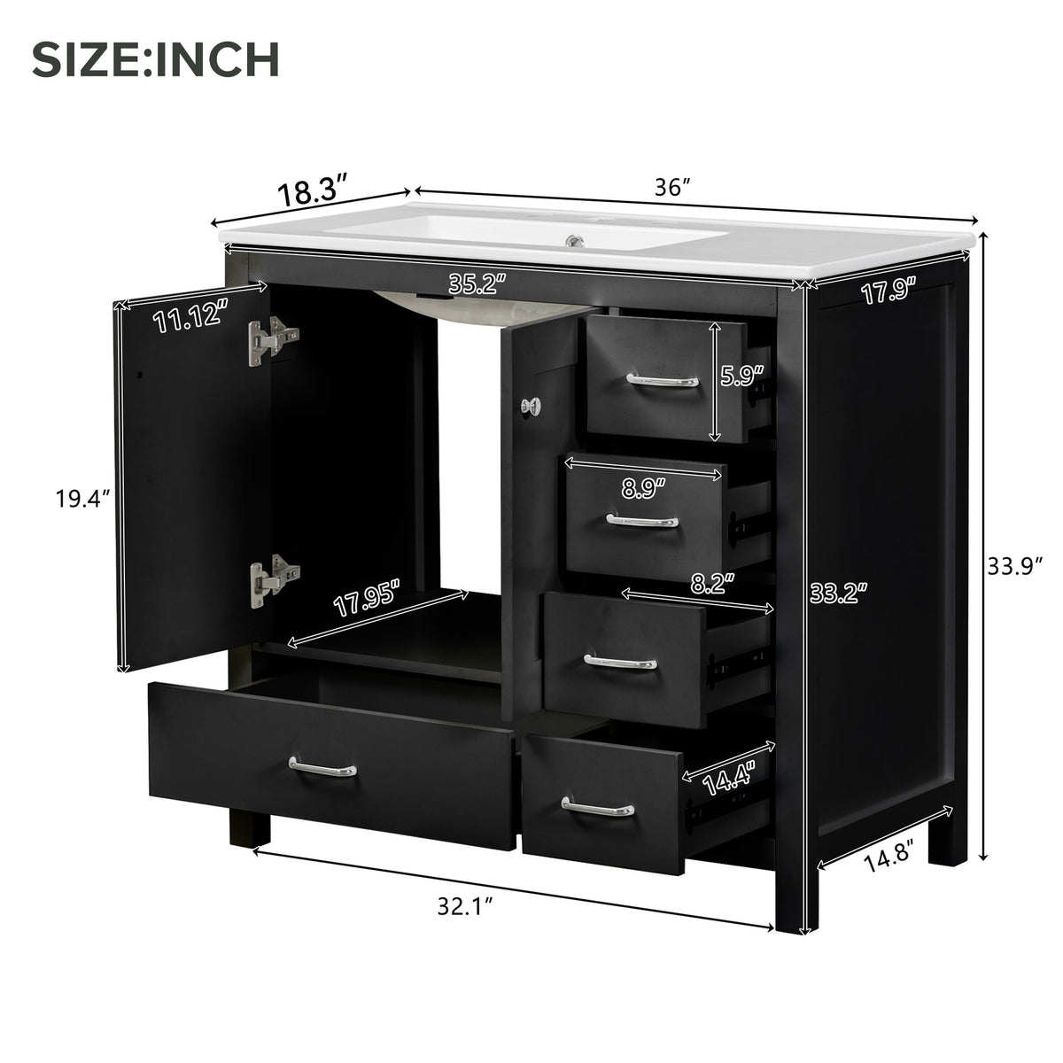 36" Black Bathroom Vanity With Ceramic Sink Combo