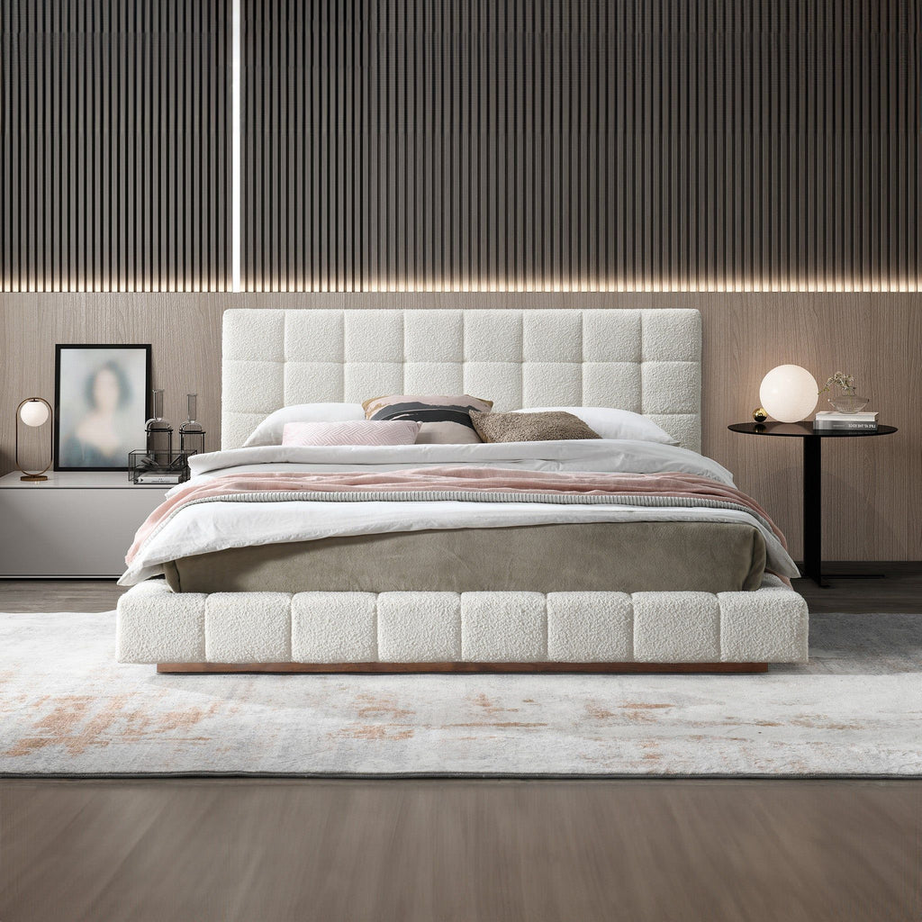 Elegant Design Upholstered Bed with Wooden Slat Support - Beige