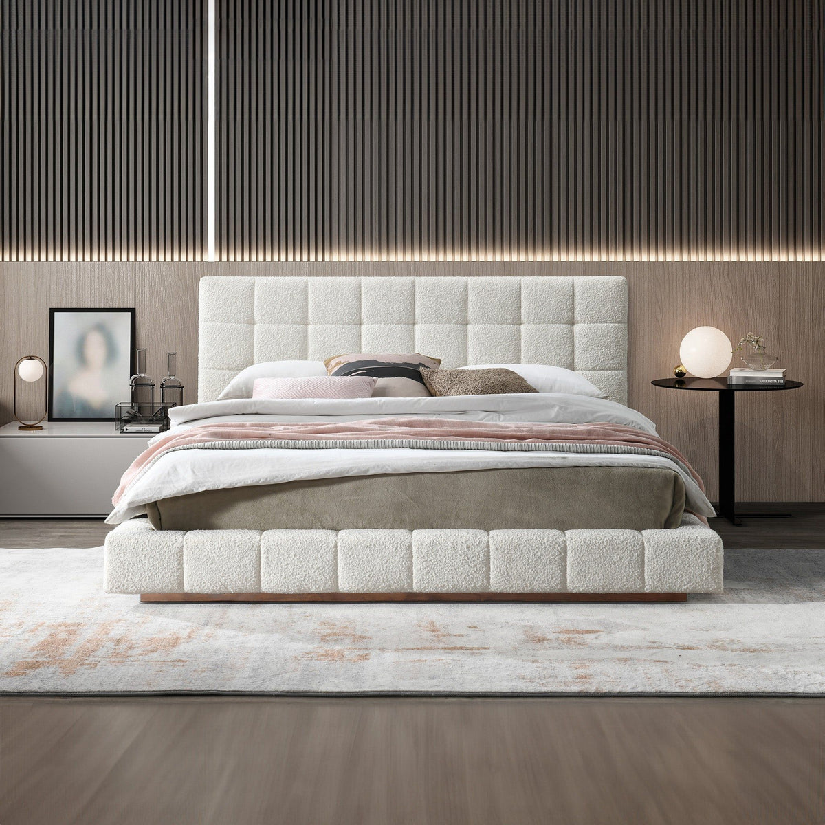 Elegant Design Upholstered Bed with Wooden Slat Support - Beige