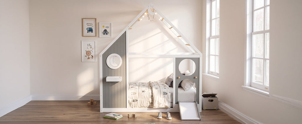 Twin House Bed with Slide and Ball Light Strip - Gray