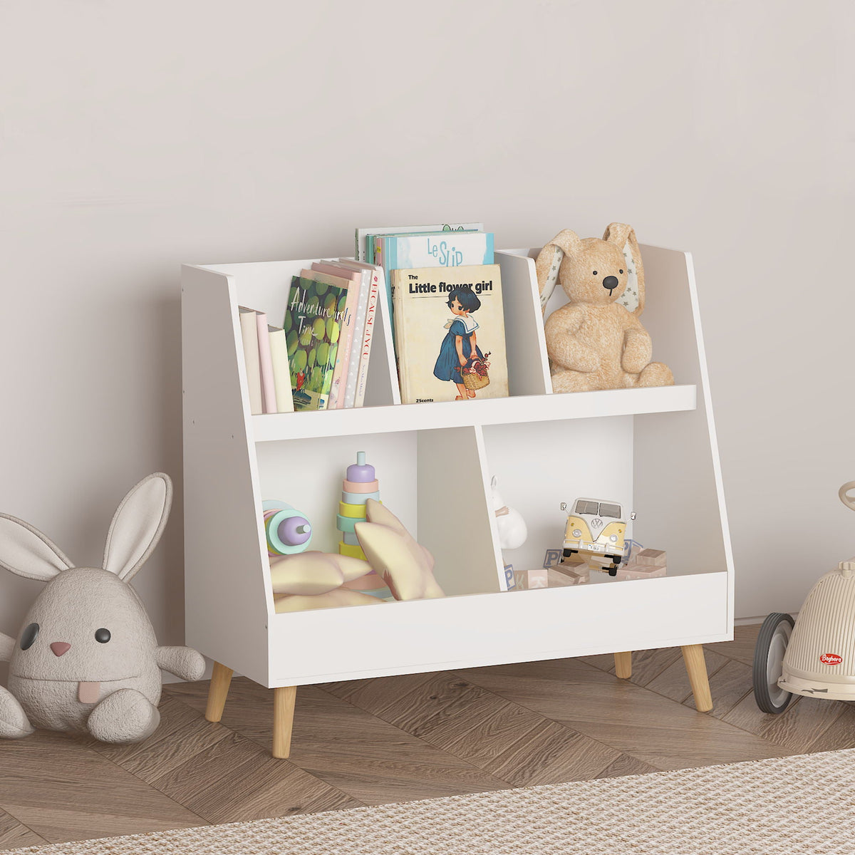 Kids Bookshelf and Toy Organizer with 5 Cubbies - White