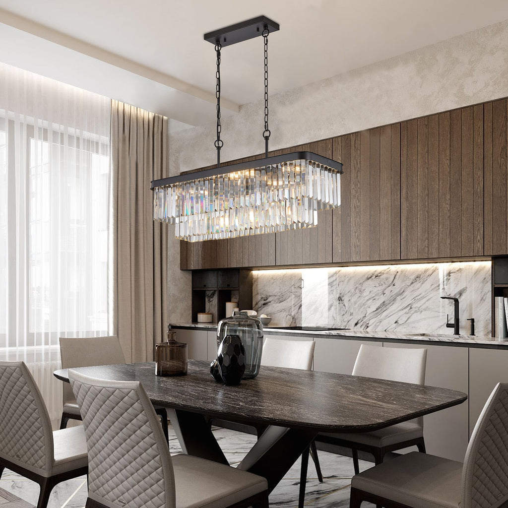 Rectangular Crystal Chandelier with Adjustable Height - Black Iron & Crystal