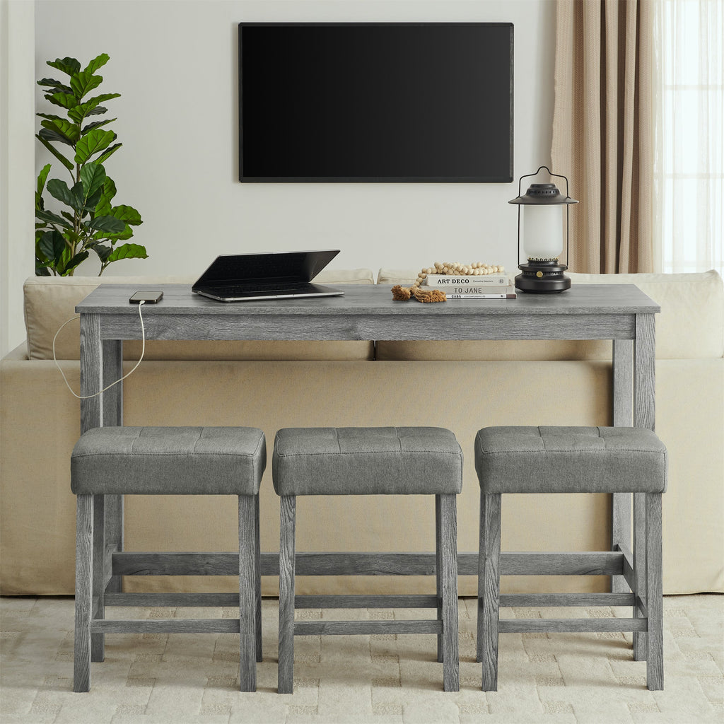 59 Inch Bar Table and Chair Set with Power Outlet - Solid Wood & MDF
