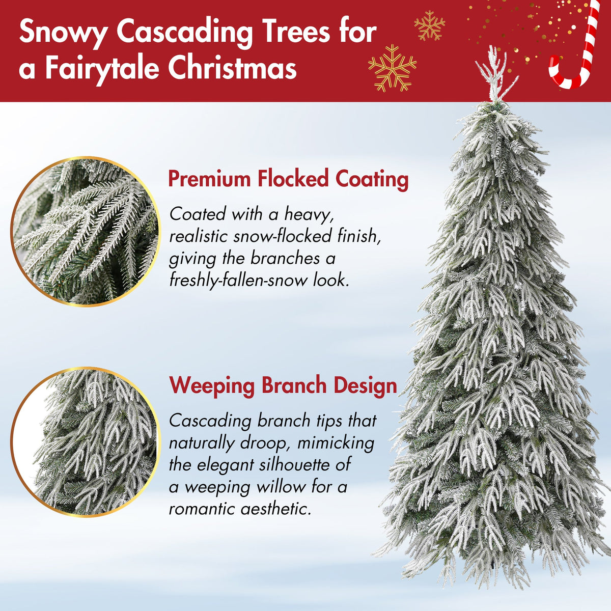 Snowy Cascading Christmas Trees 3-Piece Set with Flocked Hinged Branches - White
