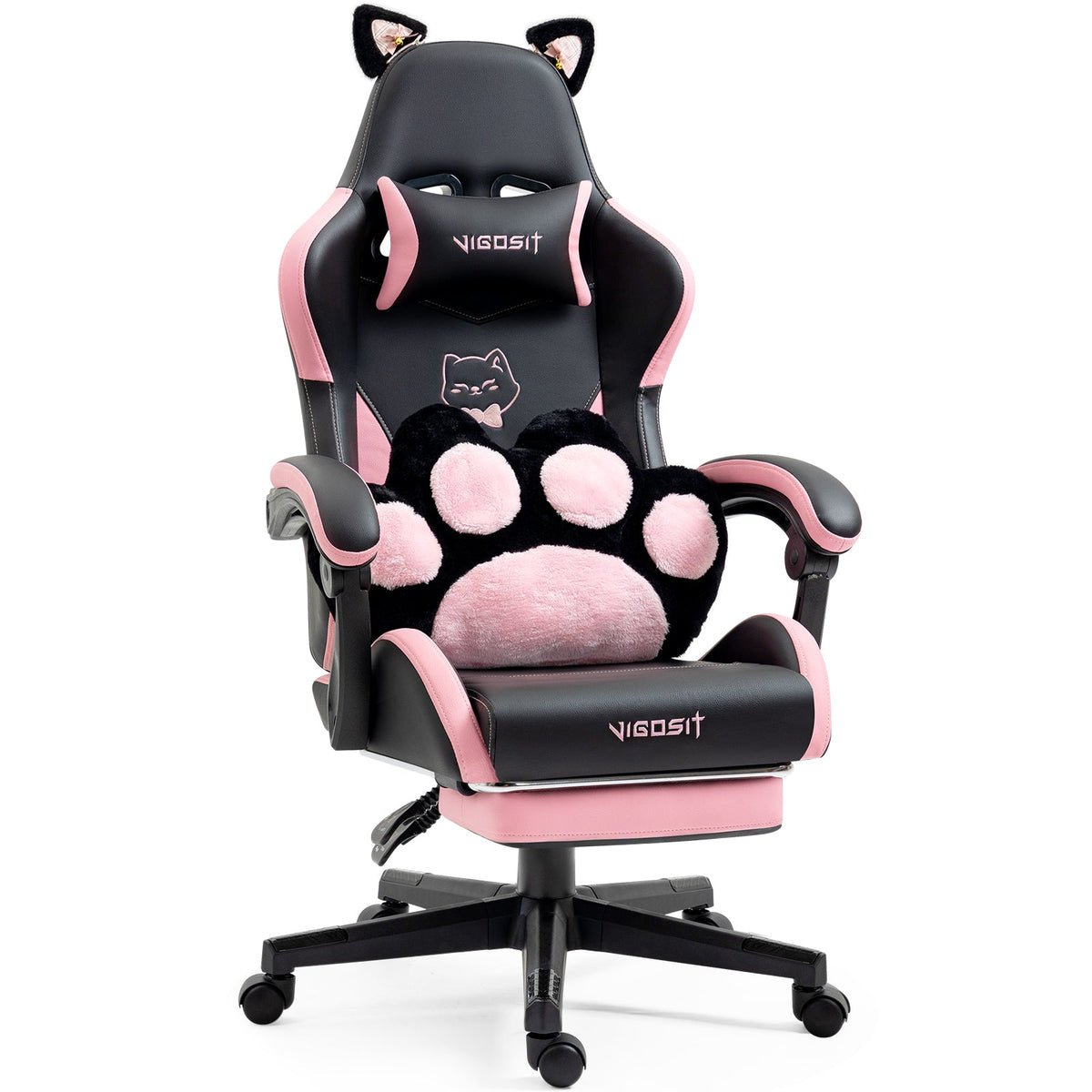 Cute Cat Gaming Chair with Paw Lumbar Cushion - PU-Leather