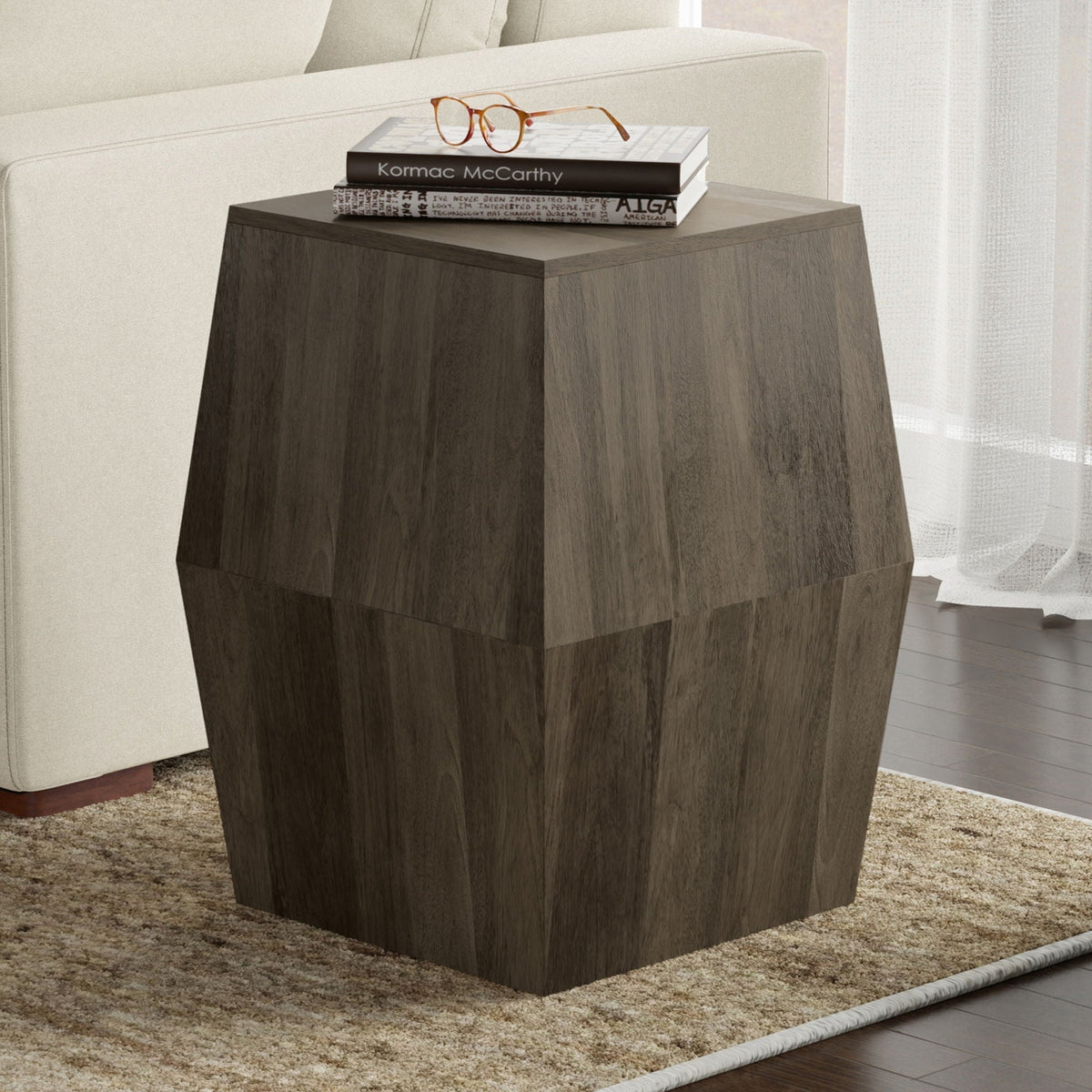 Hexagonal Mango Wood Side Table with Kiln-Dried Durability – Dark Gray or Light Brown