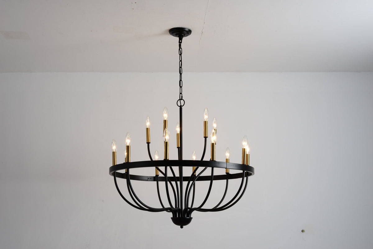18-Light Industrial Iron Candle Chandelier with Adjustable Height - Gold & Black