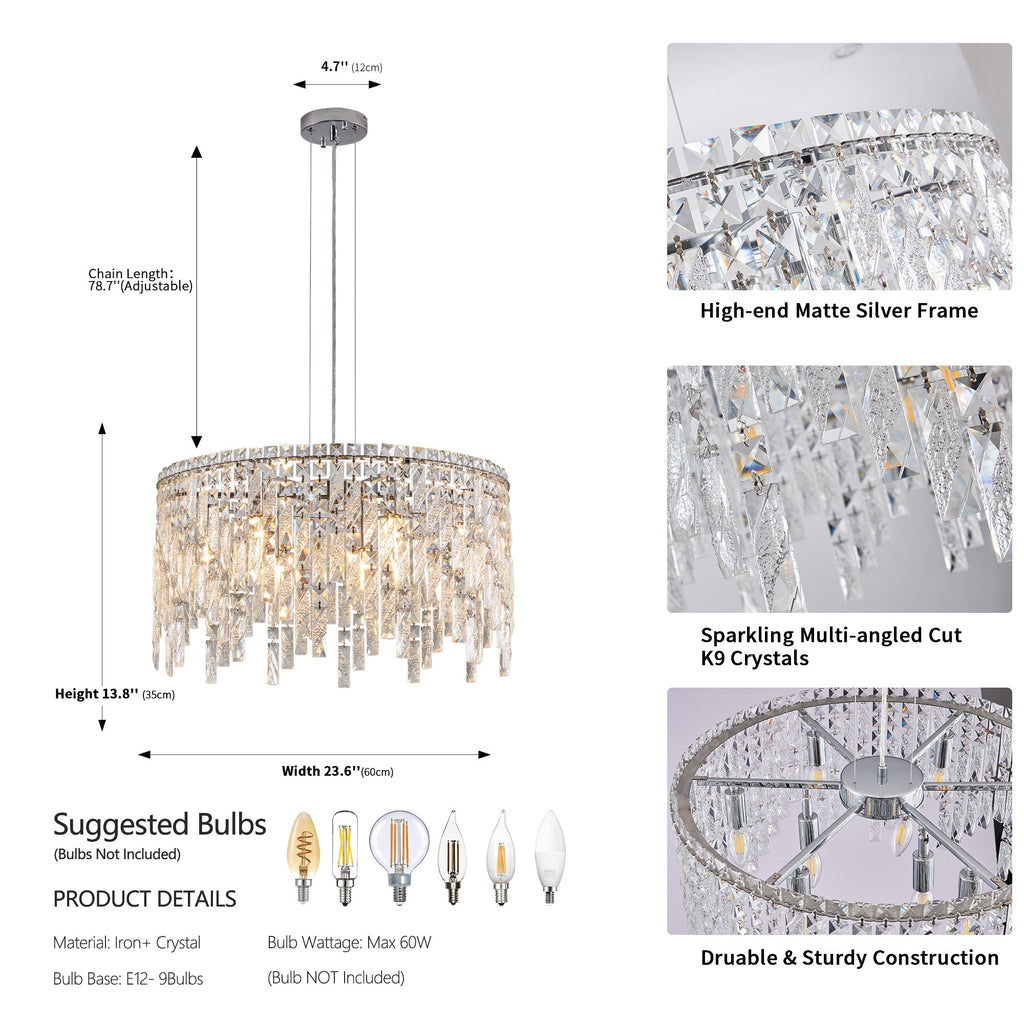 24" Round Silver Crystal Chandelier with K9 Crystals - Chrome