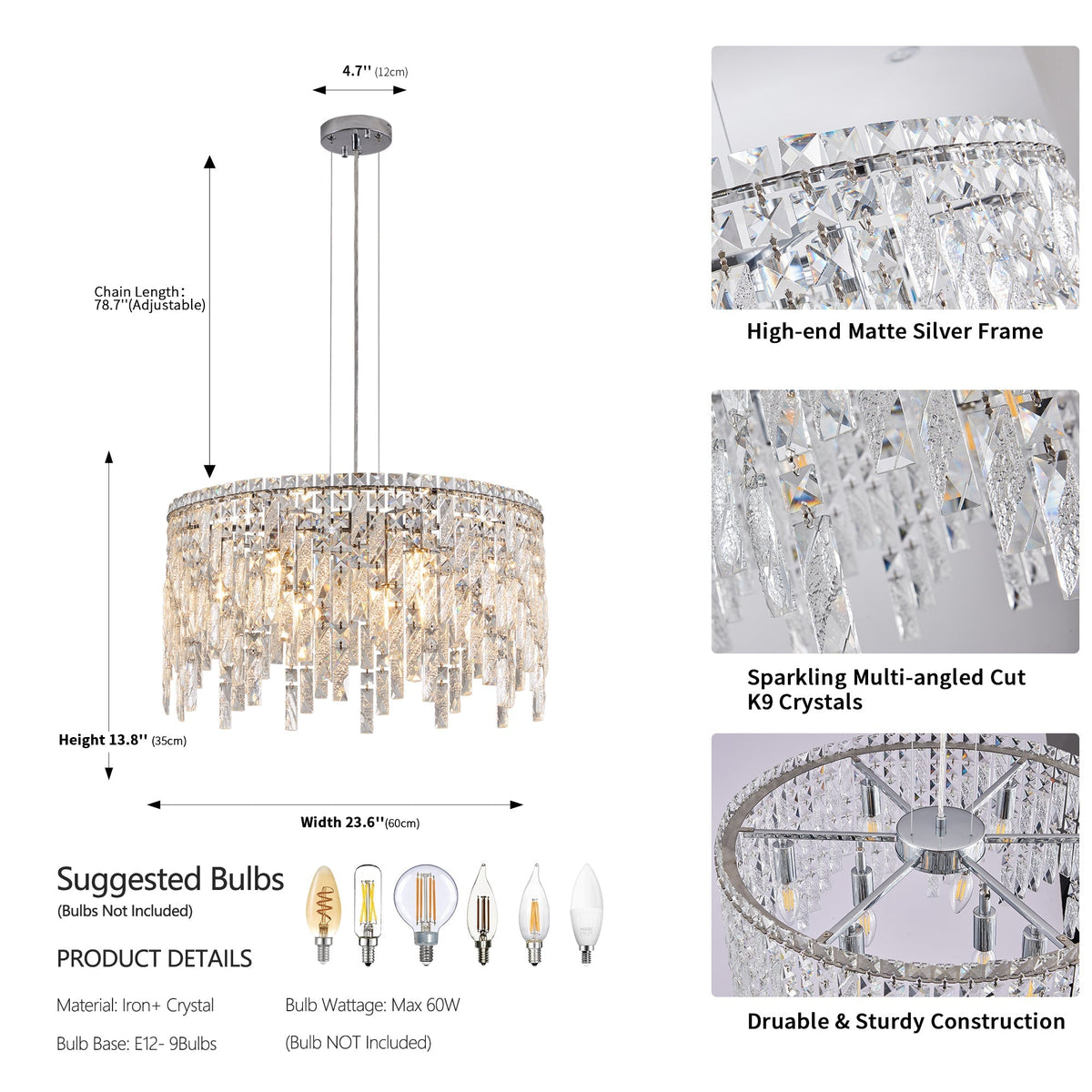 24" Round Silver Crystal Chandelier with K9 Crystals - Chrome