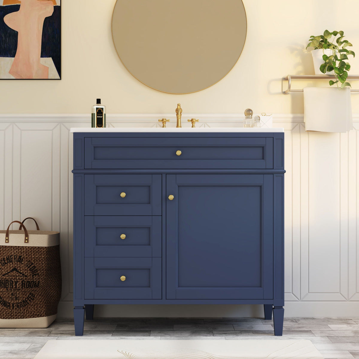Blue Bathroom Vanity with Top Sink and Ample Storage - 36" Wide
