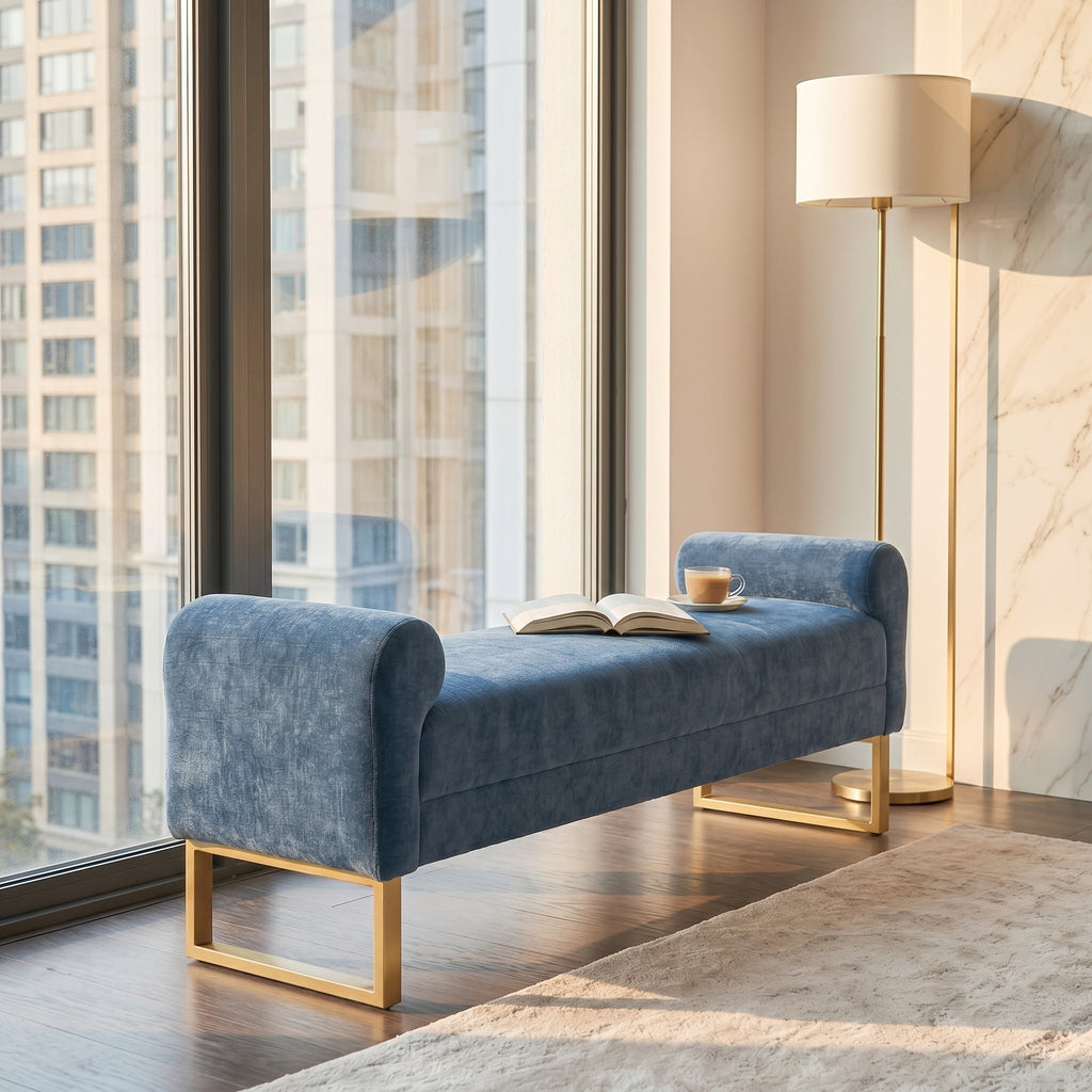 65" Chenille Ottoman Bench with Upholstered Wood Frame - Neutral