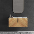 36 Inch Wall-Mounted Bathroom Vanity with 3D Fluted Panel & Ceramic Sink - Golden Oak