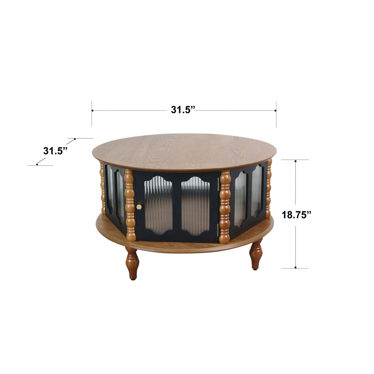 Round Storage Coffee Table with Fluted Glass Doors - Black or Dark Brown