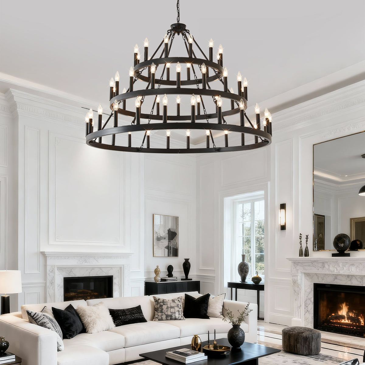 3 Tiers Wagon Wheel Chandelier with 54 Lights - Matte Black