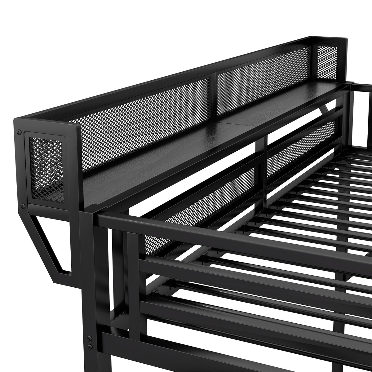 Queen Size Loft Bed with Stairs and Storage Shelves - Black