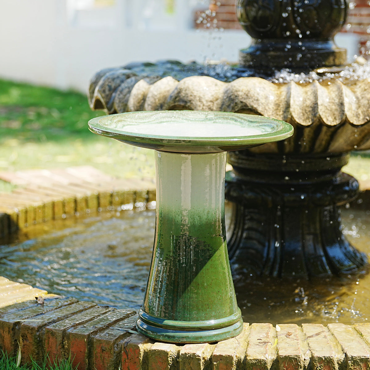 17" Ceramic Bird Bath with Swirl Pattern Pedestal - Grass Green