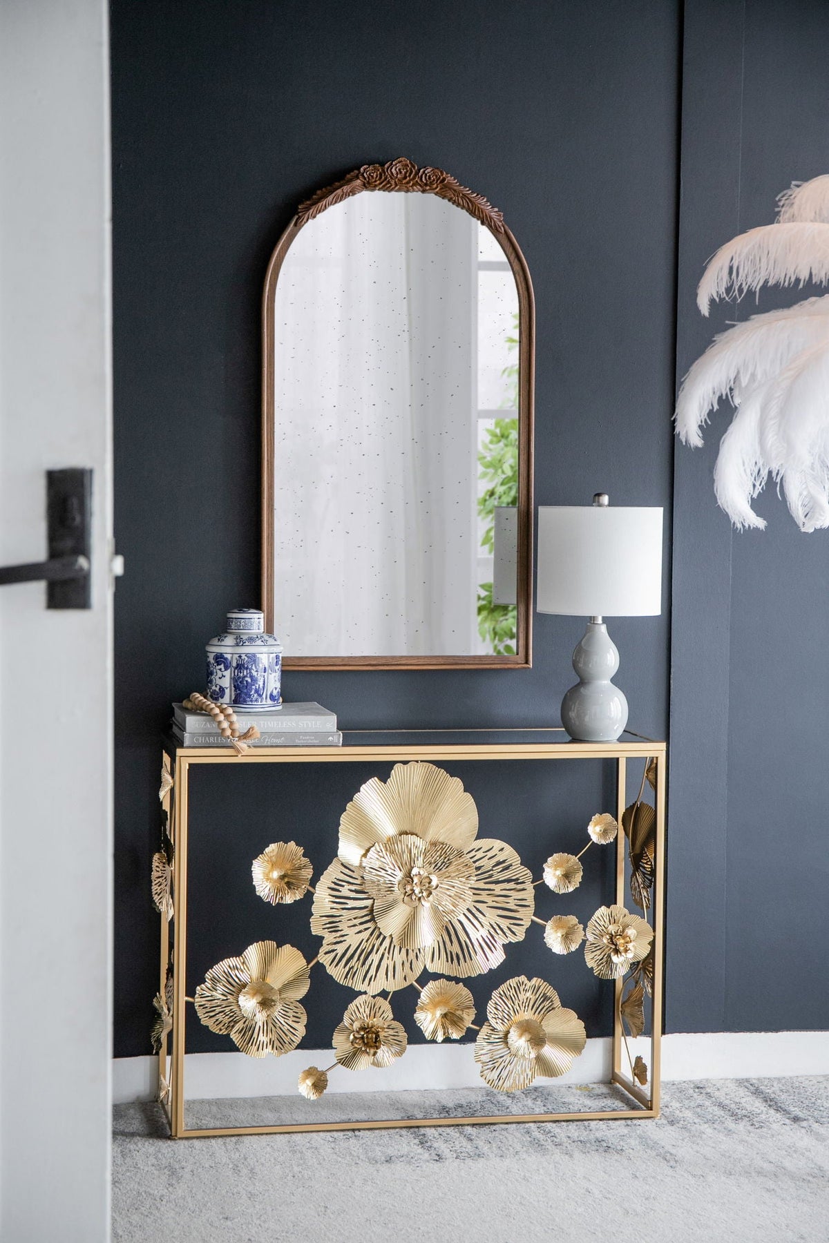 Hand Carved Rose Antique Arched Mirror Frame with Intricate Carvings - Black or Light Brown