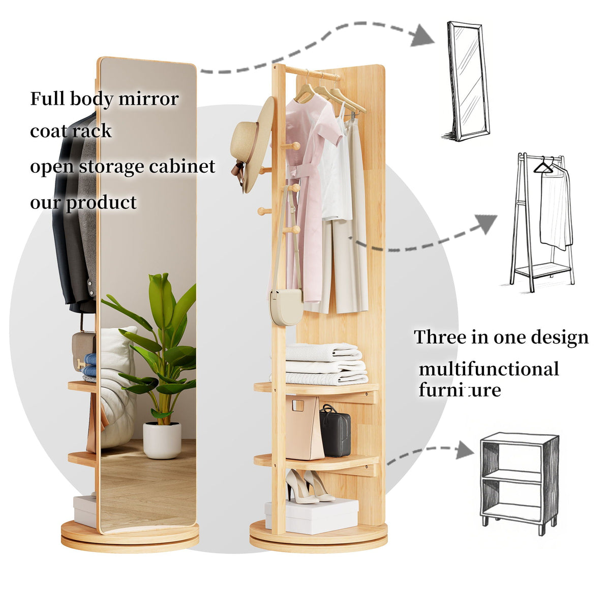 3 In 1 Multifunctional Full-Length Clothing Mirror with Rotating Design - Dark Brown, Black, White, Light Brown