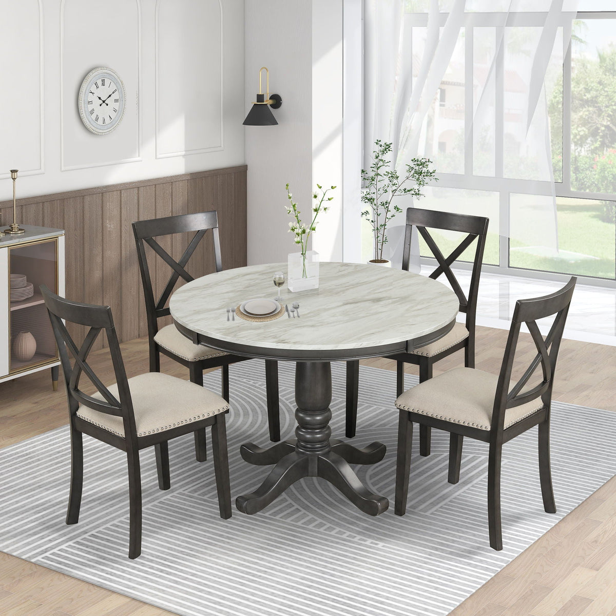 5-Piece Solid Wood Dining Set — White or Dark Gray