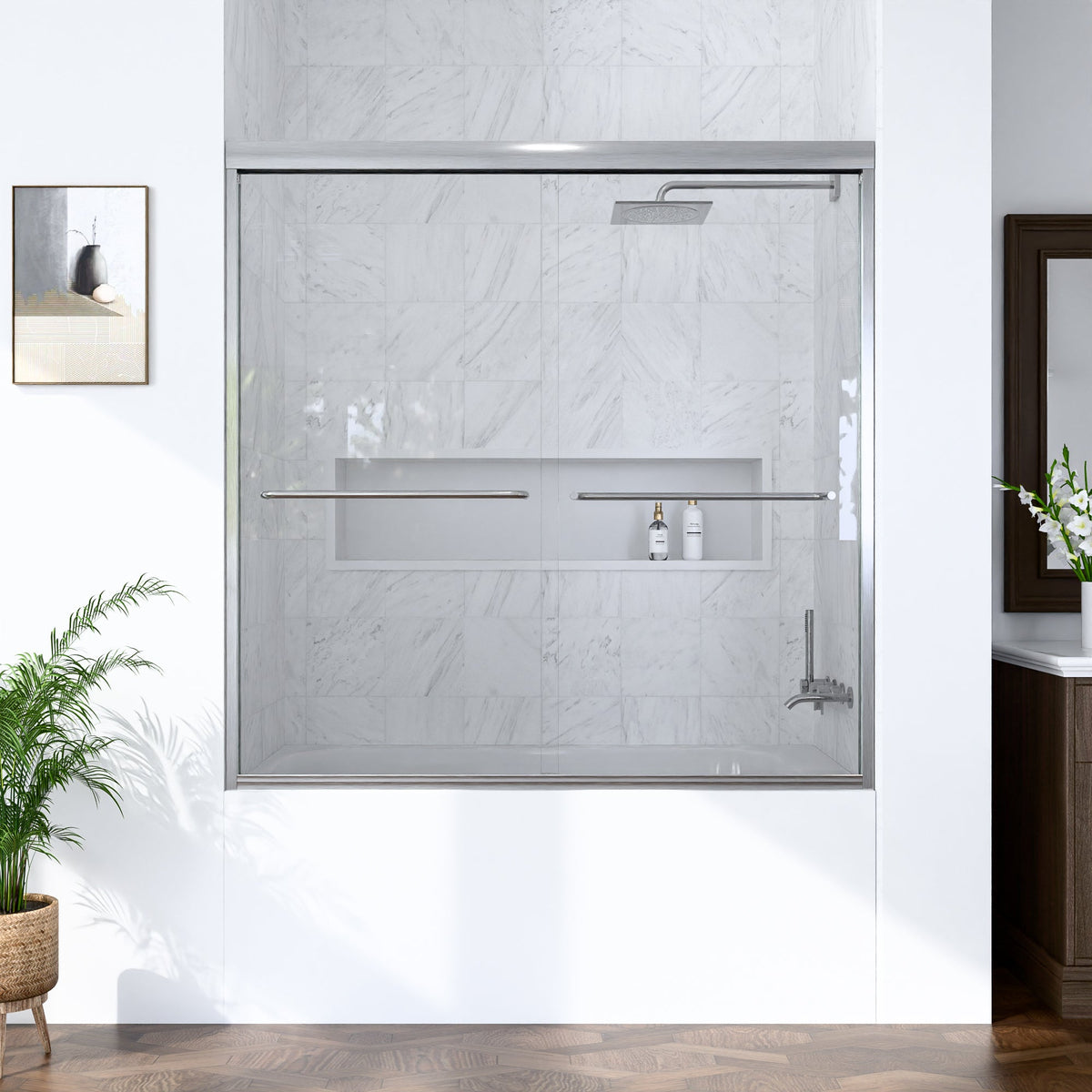 Semi-Frameless Double Sliding Shower Door with Smooth Stainless Steel Rollers - Brushed Nickel