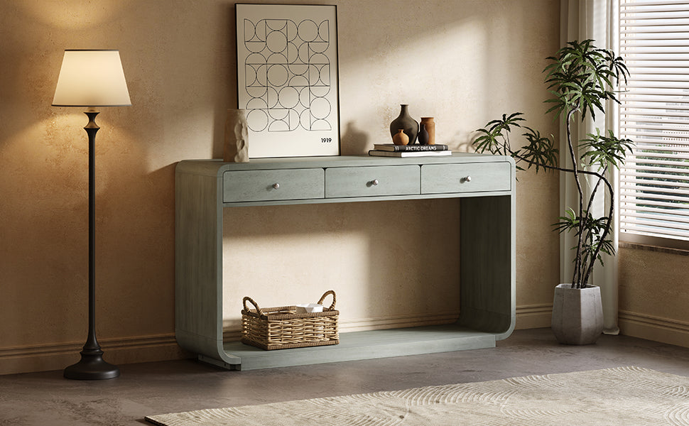 Antique-Style Console Table with 3 Storage Drawers - Blue, Natural, Beige