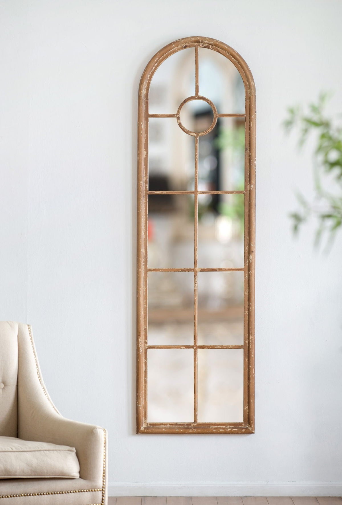 Half Round Elongated Mirror with Decorative Window Look - Brown