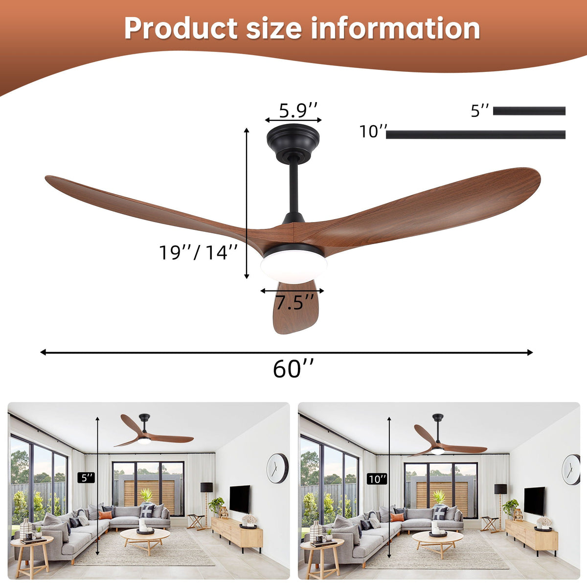 Smart Ceiling Fan with Lights and Quiet DC Motor - Light Brown, Black, or Dark Brown