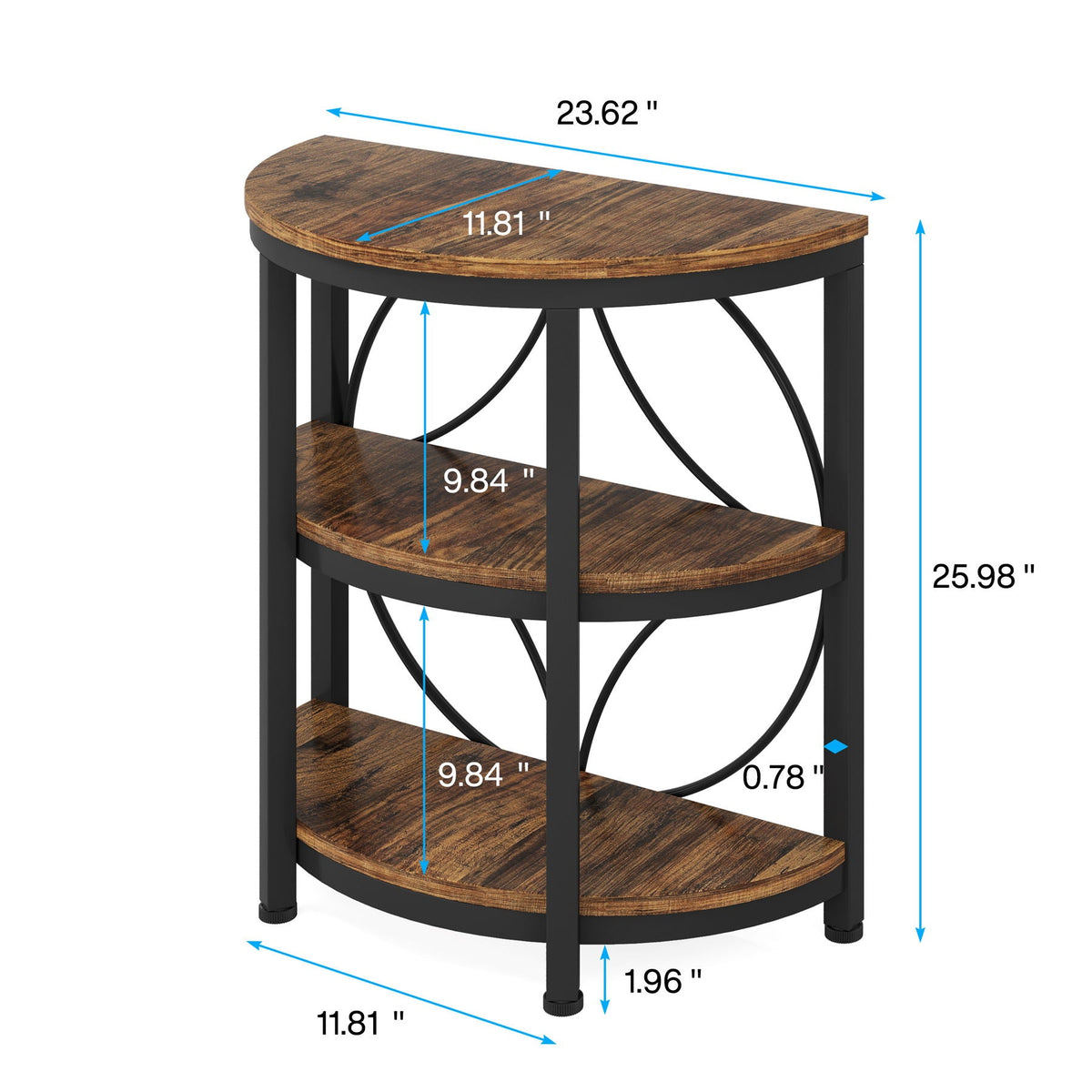 3 Tier Half Moon End Table with Space-Saving Semi Circle Design - Deep Rustic Brown