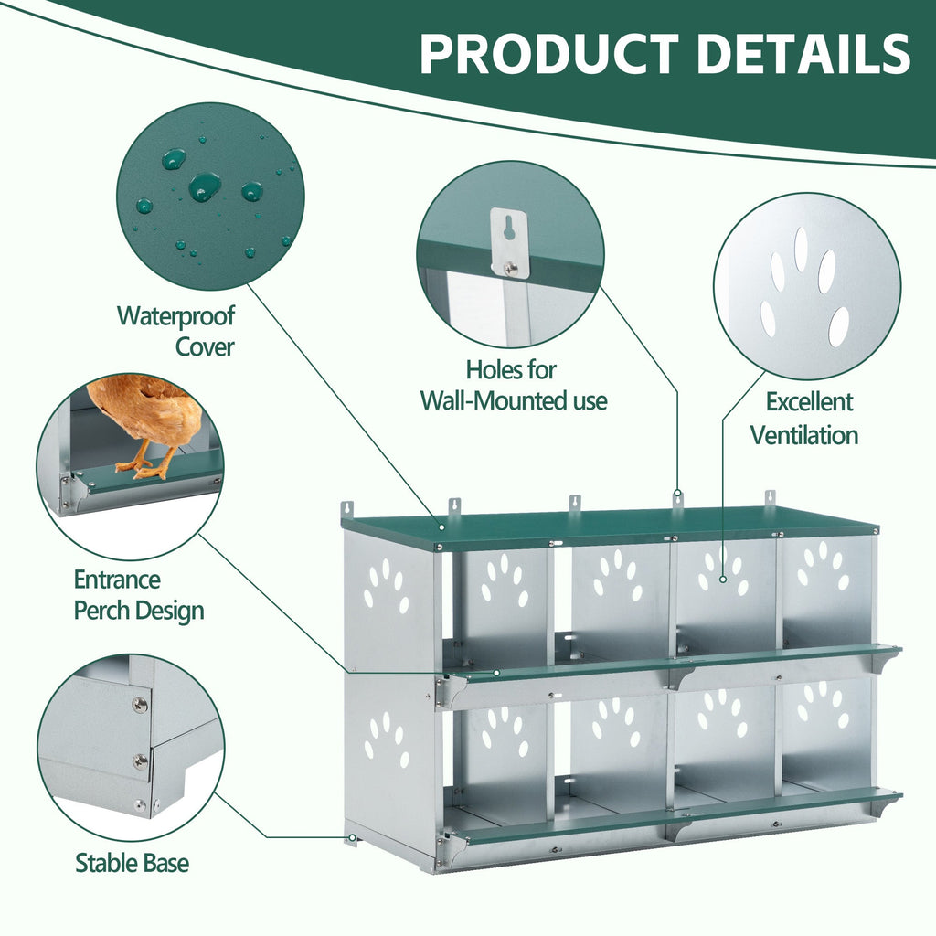 8 Compartment Chicken Nesting Boxes with Wall Mount - Green