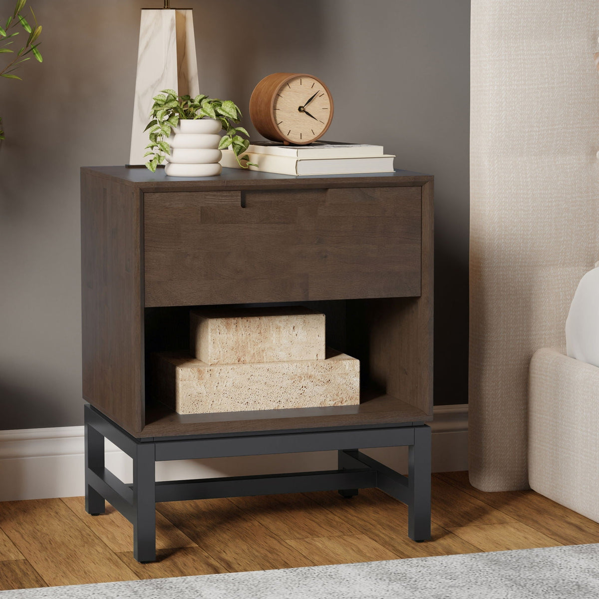 Walnut Brown Nightstand with Drawer and Open Storage - Solid Rubberwood
