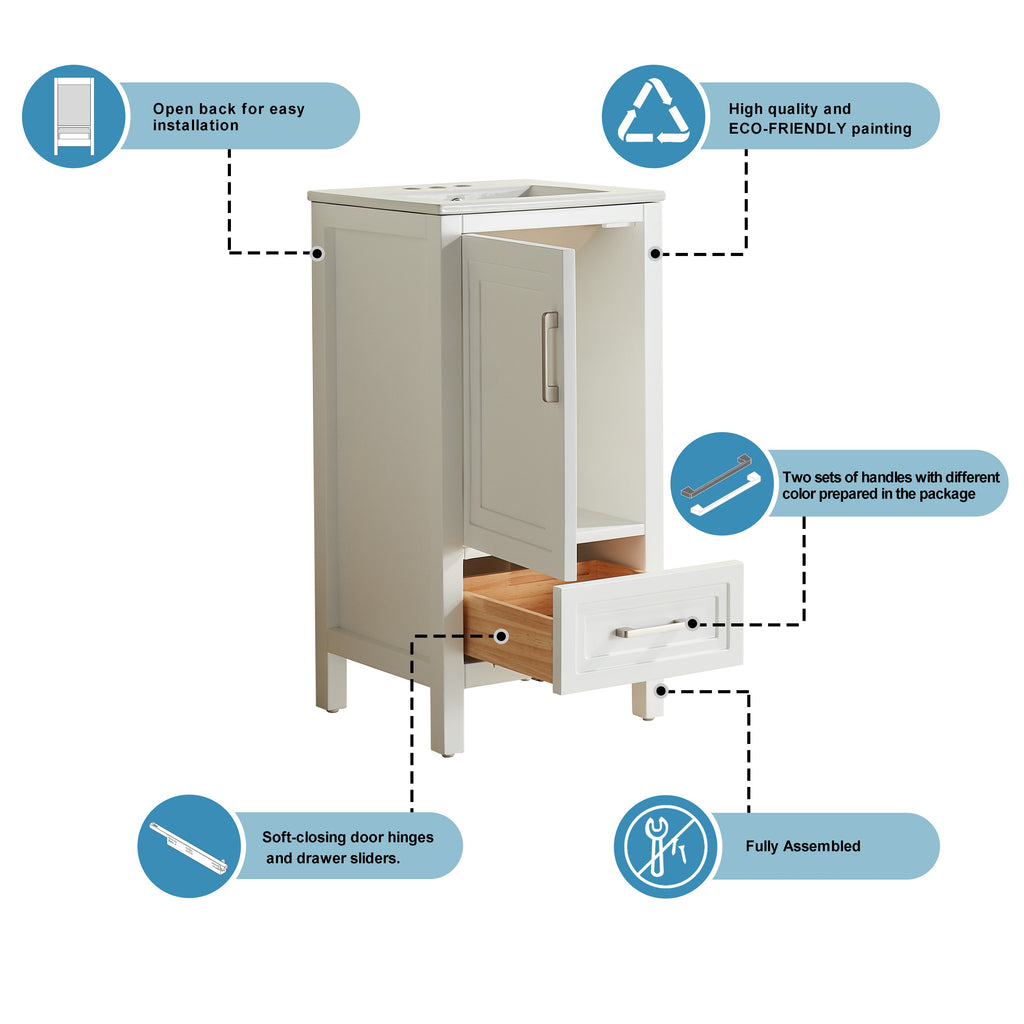 Fully Assembled 18'' Bathroom Vanity with Custom Handles - Solid Wood