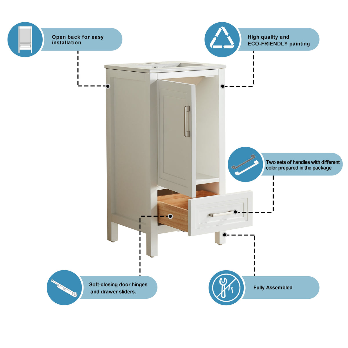 Fully Assembled 18'' Bathroom Vanity with Custom Handles - Solid Wood