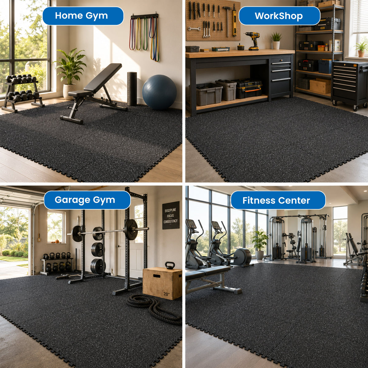0.6 Inch Thick Interlocking Gym Floor Mats with Cushioned EVA Foam - Black White or Black+Blue