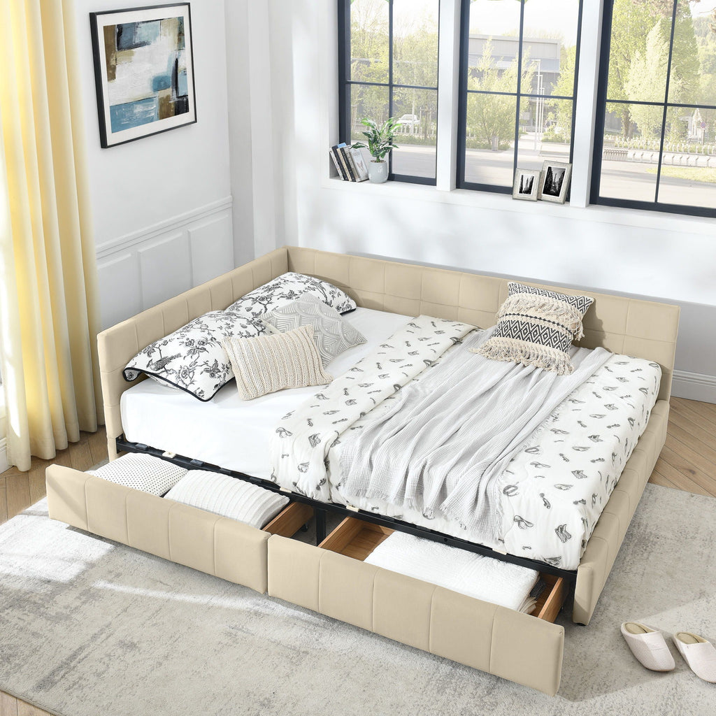 Mid-Century Storage Upholstered Tufted Bed Frame with Backrest and Armrests - Multiple Colors