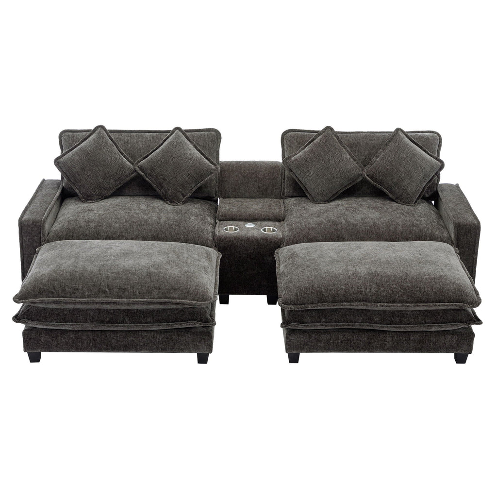 Modern Sectional Sofa with Removable Ottomans, USB Ports - Dark Gray or Light Blue