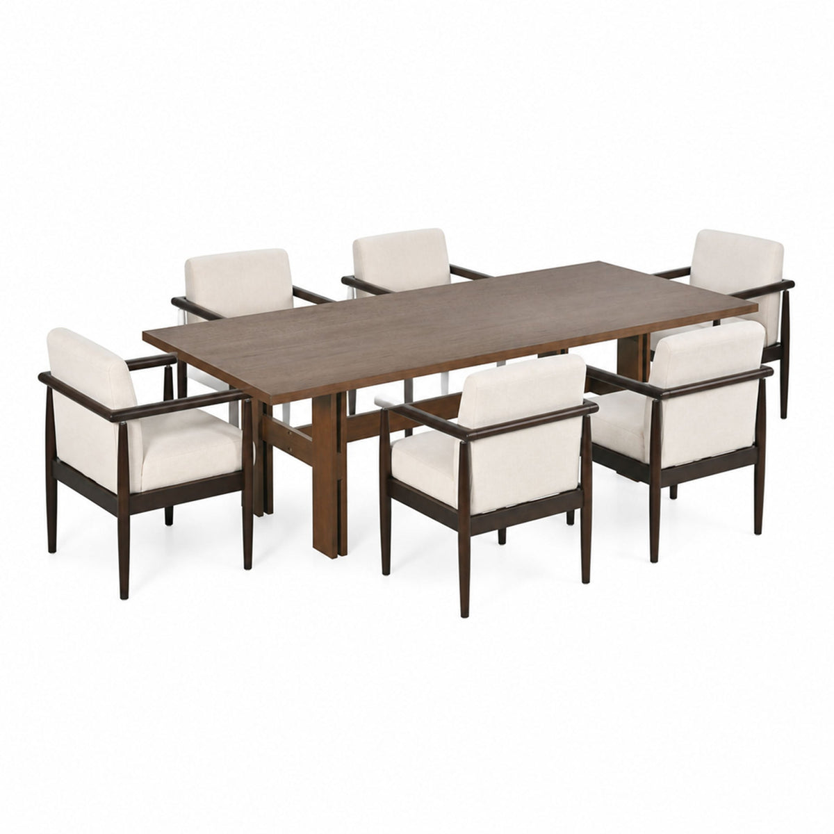 7-Piece Dining Table Set, Mid-Century Rubber Wood